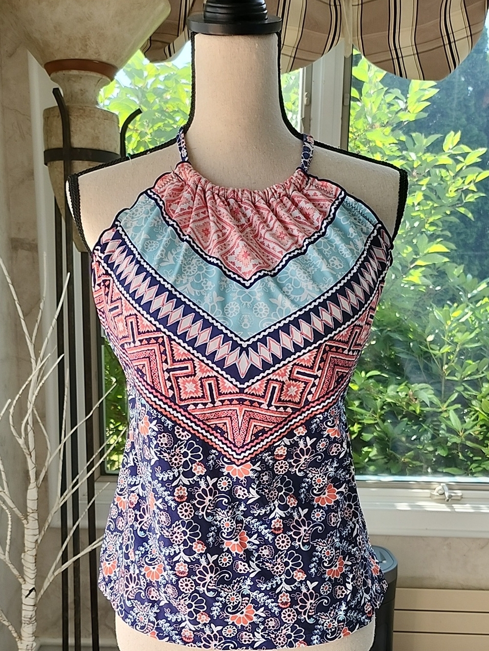 24th & Ocean Navy Blue Pink Coral Patterned Halter Tankini Swimsuit